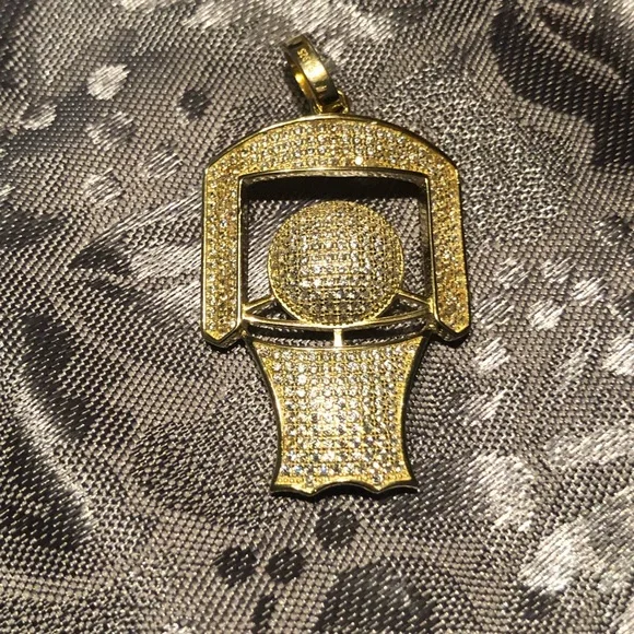 Unisex 925 Sterling Silver Topaz Encrusted Gold Plated Basketball Goal Pendant - Picture 4 of 9